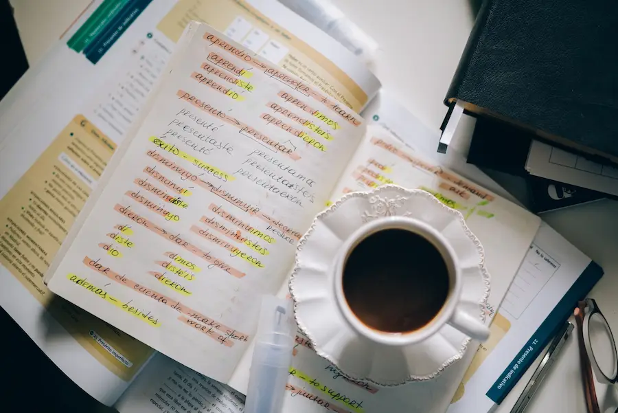 Note book with coffee cup on top